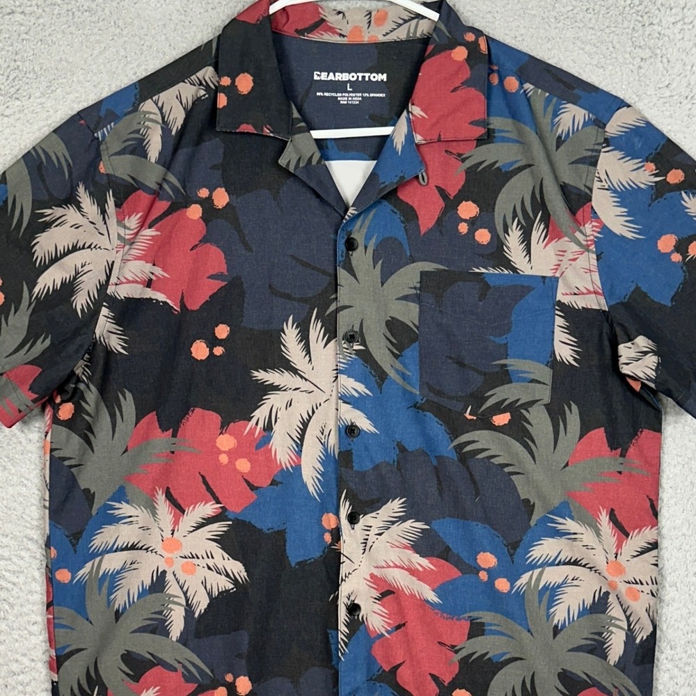 Bearbottom Shirt Men Large Tropical Palm Navy Red Button Up Stretch Short Sleeve